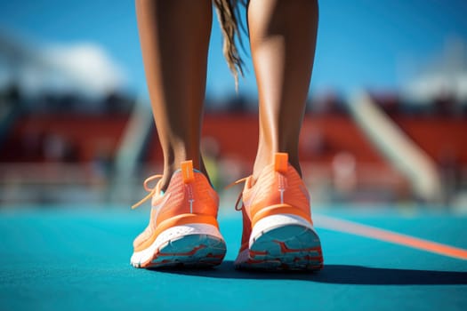 Running, shoes and start with a sports woman or female runner on a track for a workout, exercise or training. Fitness, run and cardio with an athlete getting ready for a competition or race outside