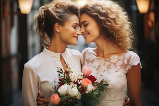 Side view of lesbian couple smiling and touching foreheads on wedding day on blurred background.
