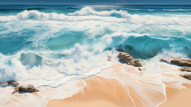 Beach Sand Sea Shore with Blue wave and white foamy summer background,Aerial beach top view overhead seaside.
