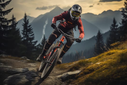 Cyclist Riding the Bike Down the Rock at Sunrise in the Beautiful Mountains on the Background. Extreme Sport and Enduro Biking Concept.