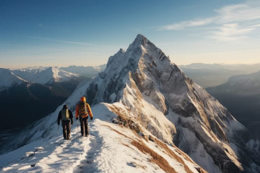 two mountaineers walking on the mountain in the background of the landscape of snowy mountains.