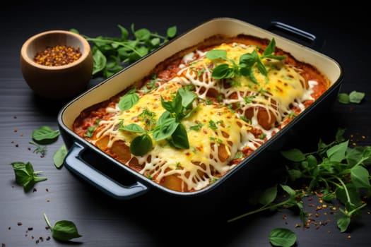 Homemade lasagna ready to eat in metal baking tray served with basil leaves, tomatoes, and turquoise tablecloth on brown wooden background.