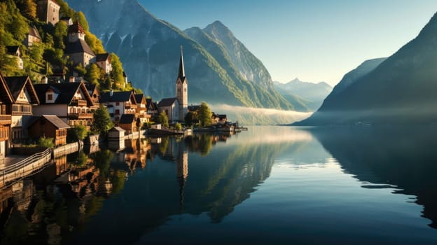 View of Hallstatt Hallstadt town with reflection in lake with blue sky above, Austria