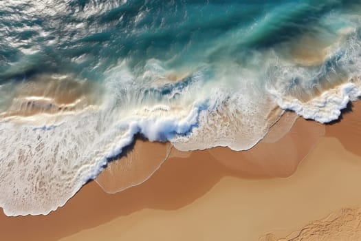 Close up of ocean waves rolling onto a beautiful beach with pink sand at sunrise. Sandy coastline with white turquiose sea waves. Soft wave of the sea on sandy beach with white clean foam.