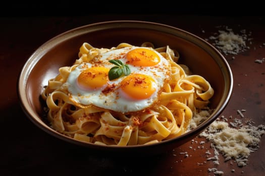 spaghetti del poverello (Poor Man's Spaghetti) was Italian spaghetti pasta mixed with a lightly fried egg and grated cheese and topping with a sunny side up egg. Egg and cheese pasta. White plate.
