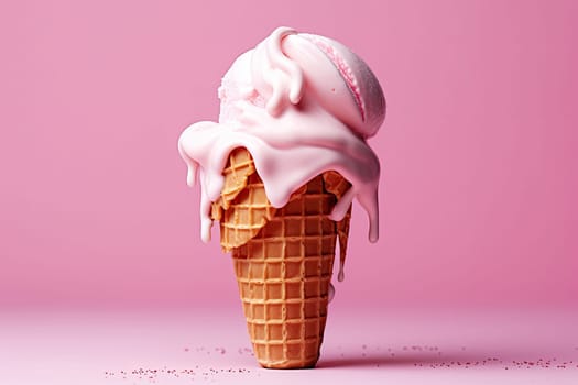 Ice cream in waffle cone with multicolored candies in filling melted on pink background.