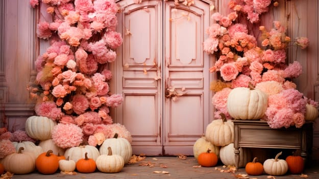 Colorful Halloween background with pumpkins,flowers and old wooden door. Cozy wooden porch of the house with pumpkins in fall time. AI generated