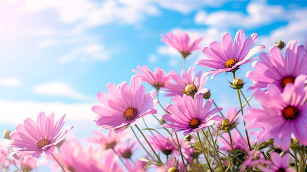 Beautiful purple daisies in the sun. Summer bright landscape with daisy wildflowers in the meadow. Summer background with wildflowers .AI generated