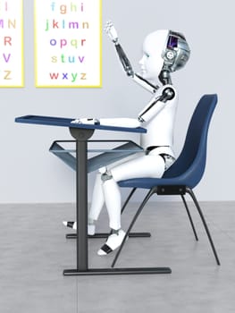 Robot child sitting at a desk in a classroom, raising its hand up to answer a question. 3D rendering.