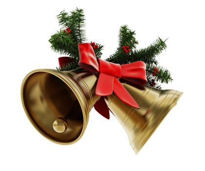Golden Christmas bells, red ribbon and pine tree branches isolated on white background. 3D illustration.