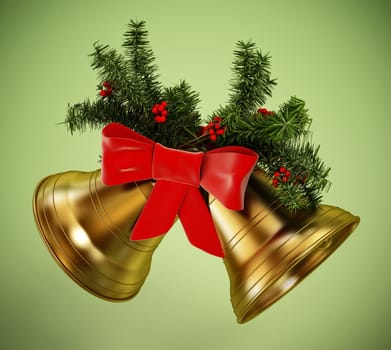Golden Christmas bells, red ribbon and pine tree branches isolated on green background. 3D illustration.