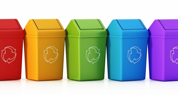 Plastic dustbins with recycle symbol isolated on white background. 3D illustration.