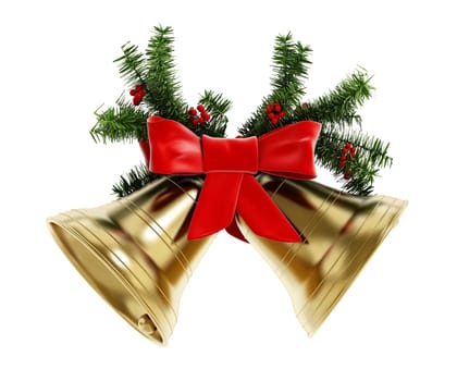 Golden Christmas bells, red ribbon and pine tree branches isolated on white background. 3D illustration.