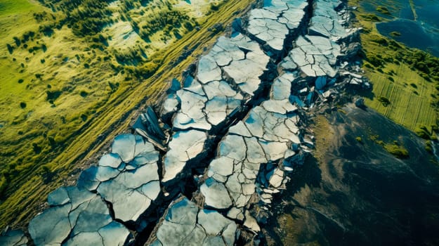 Aerial view of earthquake dividing land in two parts. Faults of the earth crust, consequence of the earthquake. Tectonic plate huge crack. AI generated