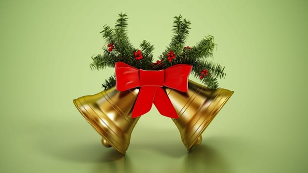Golden Christmas bells, red ribbon and pine tree branches isolated on green background. 3D illustration.