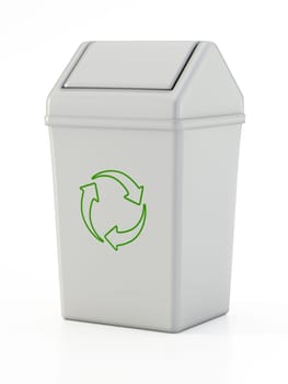 Plastic dustbin with recycle symbol isolated on white background. 3D illustration.