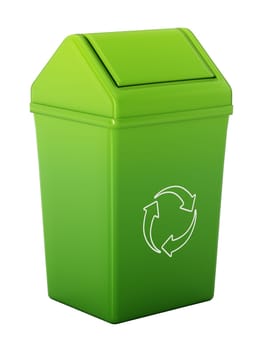 Plastic dustbin with recycle symbol isolated on white background. 3D illustration.