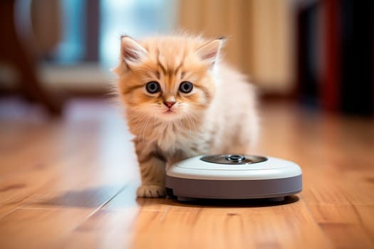 Housework and smart technology concept. Adorable kitten play with robot vacuum cleaner at home.AI generated