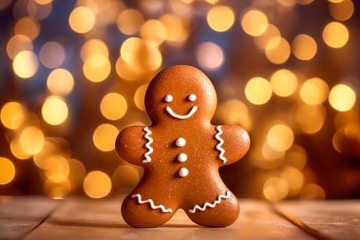 Gingerbread classic cookie with a beautiful sparkling bokeh background.Cute christmas gingerbread man. AI generated
