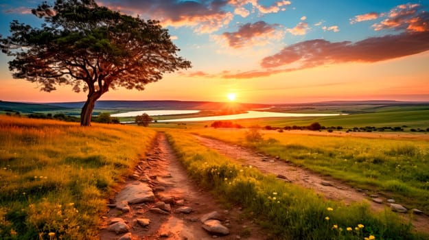 Sunset at cultivated land in the countryside on a summer evening with cloudy sky background. AI generated