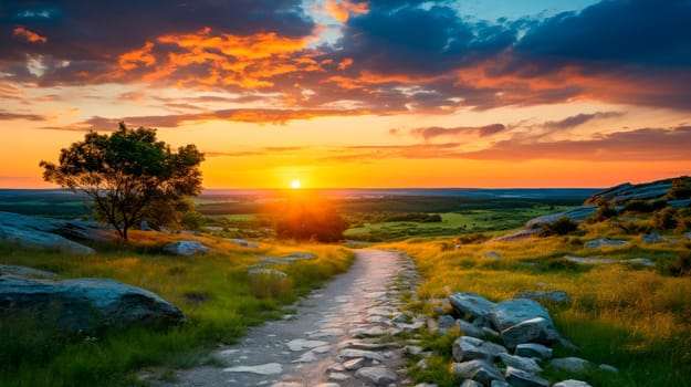 Beautiful Evening Sky Above Rural Landscape With Country Road.AI generated