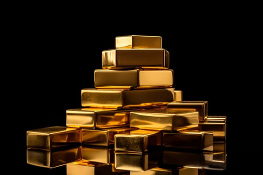 Irregularly shaped gold bars stacked together on a dark background. Gold bullion stack. Investing into precious metals. AI generated