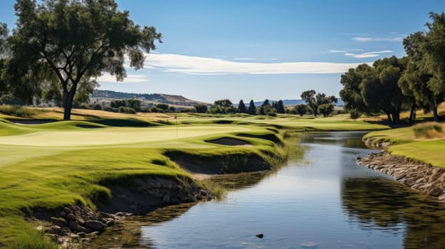 Golfcourse, Beautiful landscape of a golf court with trees and green grass.