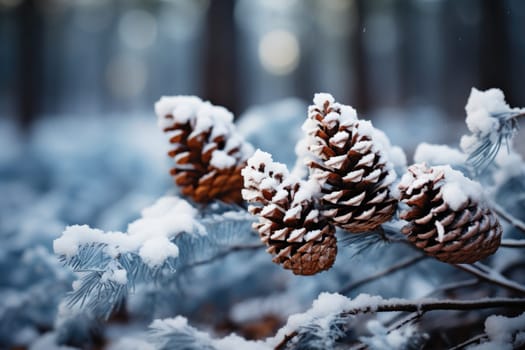 Fir Branch With Pine Cone And Snow Flakes - Christmas Holidays Background.