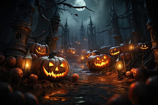 Pumpkins In Graveyard In The Spooky Night - Halloween Backdrop.