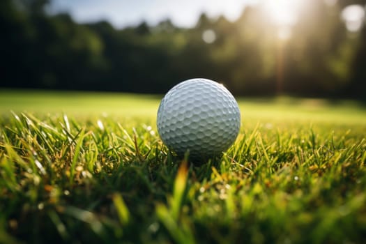 Close up photo of a golf ball on the green grass.