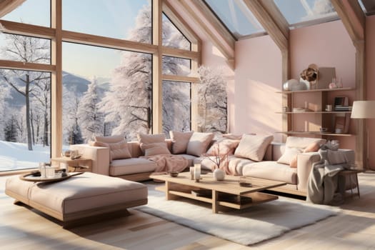 Modern scandinavian interior of living room with design light sofa, armchair, a lot of plants, coffee table, carpet and personal accessories in cozy home decor.