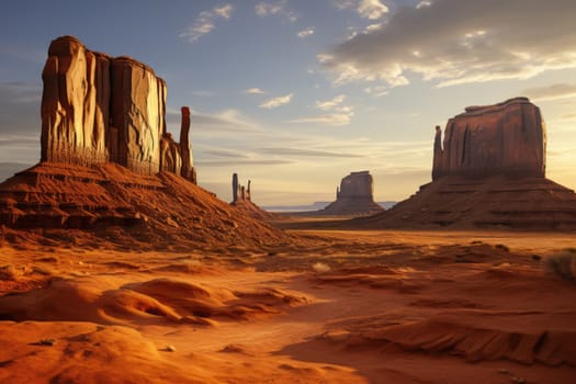 Monument valley landscape, cloudy sky at sunset sunrise. Navajo tribal park, United states of America, Utah, Arizona desert.