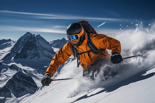 Freeride skier with rucksack running downhill in freeze motion of snow powder.