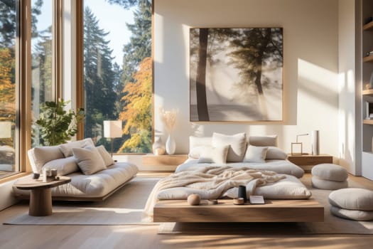 Livingroom of bright minimalist modern interior design huge bright apartment. Sunny room with large windows and sun.