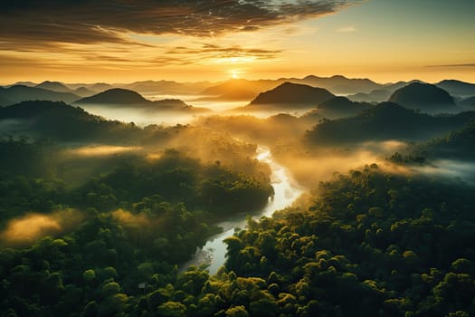 Mystical view from top on forest under haze at early morning. Eerie mist among layers from tree silhouettes in taiga under predawn sky. Morning atmospheric minimalistic landscape of majestic nature.