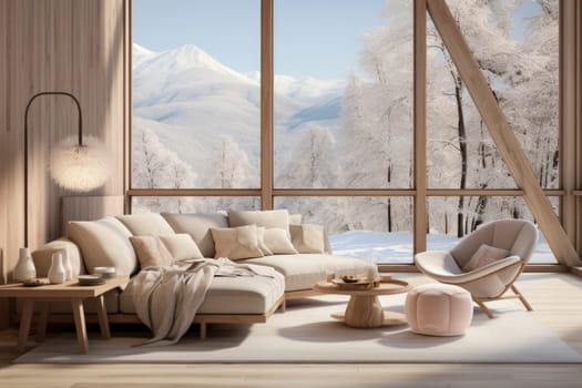 Modern scandinavian interior of living room with design light sofa, armchair, a lot of plants, coffee table, carpet and personal accessories in cozy home decor.