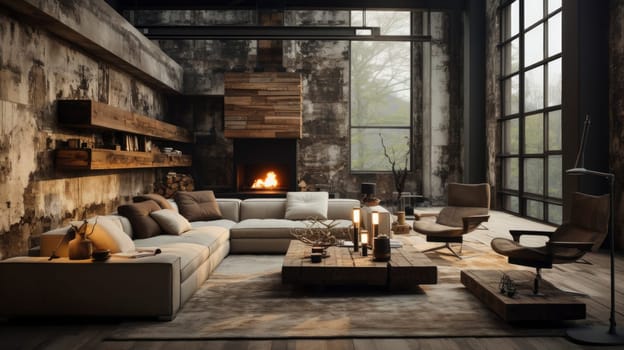 Brutalist concrete loft is a celebration of the beauty of raw materials and natural light. Both the floor and ceiling are aged wood plank.