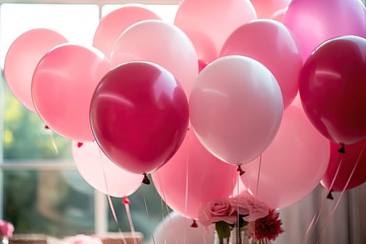 Colorful pink balloons in room prepared for birthday party.