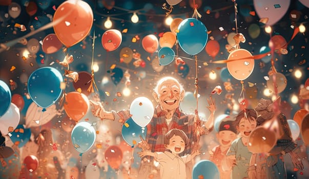 Happy children with bright colorfull balloons celebrates a birthday. colorfull happy light background. Copy space.