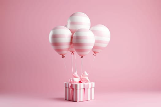 White gift box with red ribbon and white balloon on pink background. minimal birthday and celebration concept.