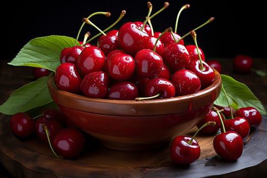 Ripe red cherries in a bowl and next to it on wooden table.
