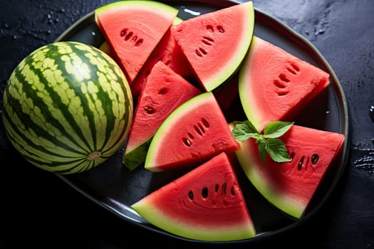 Ripe red watermelon cut into pieces with black seeds, slices of sweet red watermelon