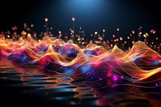 Sound musical waves oscillating dark blue red yellow light, Abstract technology background.