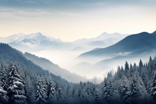Panorama of snowy forest at foggy winter day with tonal perspective.