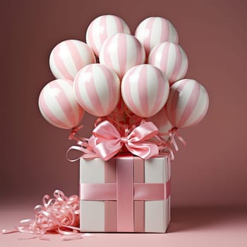 White gift box with red ribbon and white balloon on pink background. minimal birthday and celebration concept.