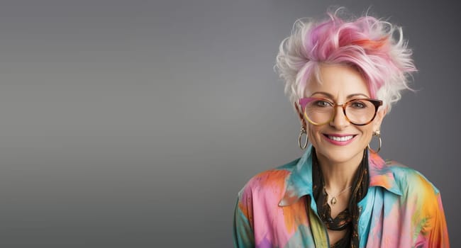 Portrait of a happy senior woman with pink colored hair and eyeglasses, smiling face, pensioner with colorful clothes