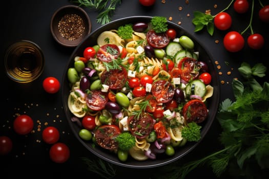 Pasta salad with tomato, black olives, cucumber and feta cheese. healthy food.