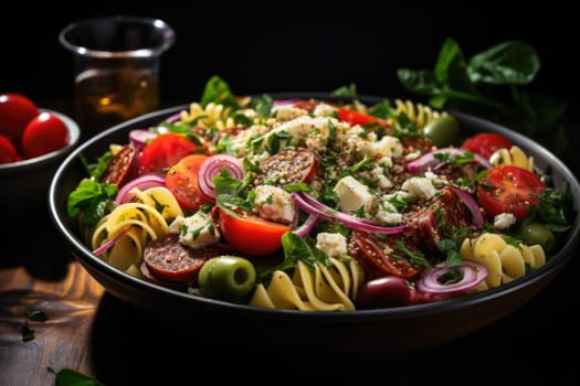 Pasta salad with baked vegetables. Penne pasta with baked peppers, eggplant, pesto and cheese in a white plate on a dark wooden table top view. Italian food. Rustic style.