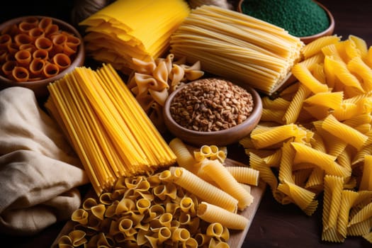 Layout of Italian raw pasta, different types and shapes of pasta.