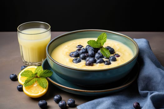 Appetizing polenta porridge with blueberries and lemonade served on table.
